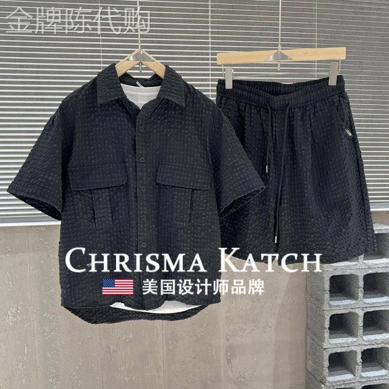 出口美国Chrisma Katch~运动衬衫短袖套装男士潮牌泡泡纱两件套