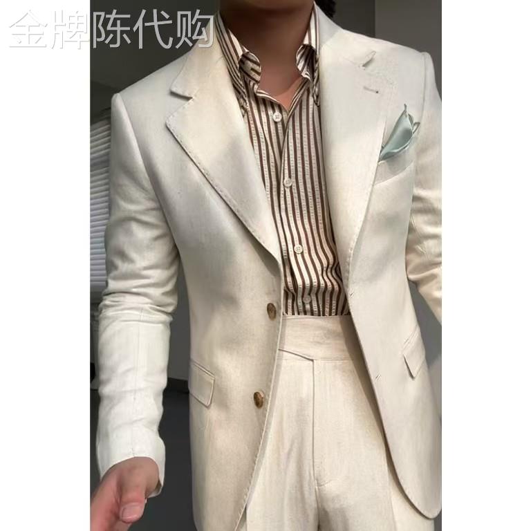 潮牌高级感那不勒斯亚麻单排扣西装时尚气质休闲绅装西服套装男