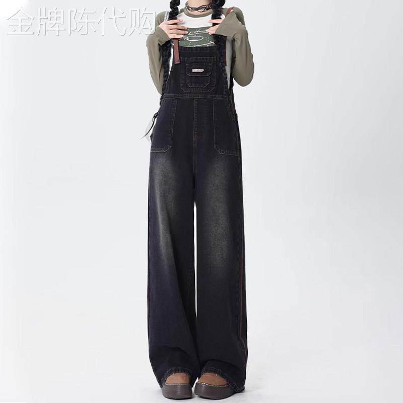 韩版减龄牛仔抱婴袋裤女春秋新款覆古宽松阔腿显瘦百搭工装连身裤