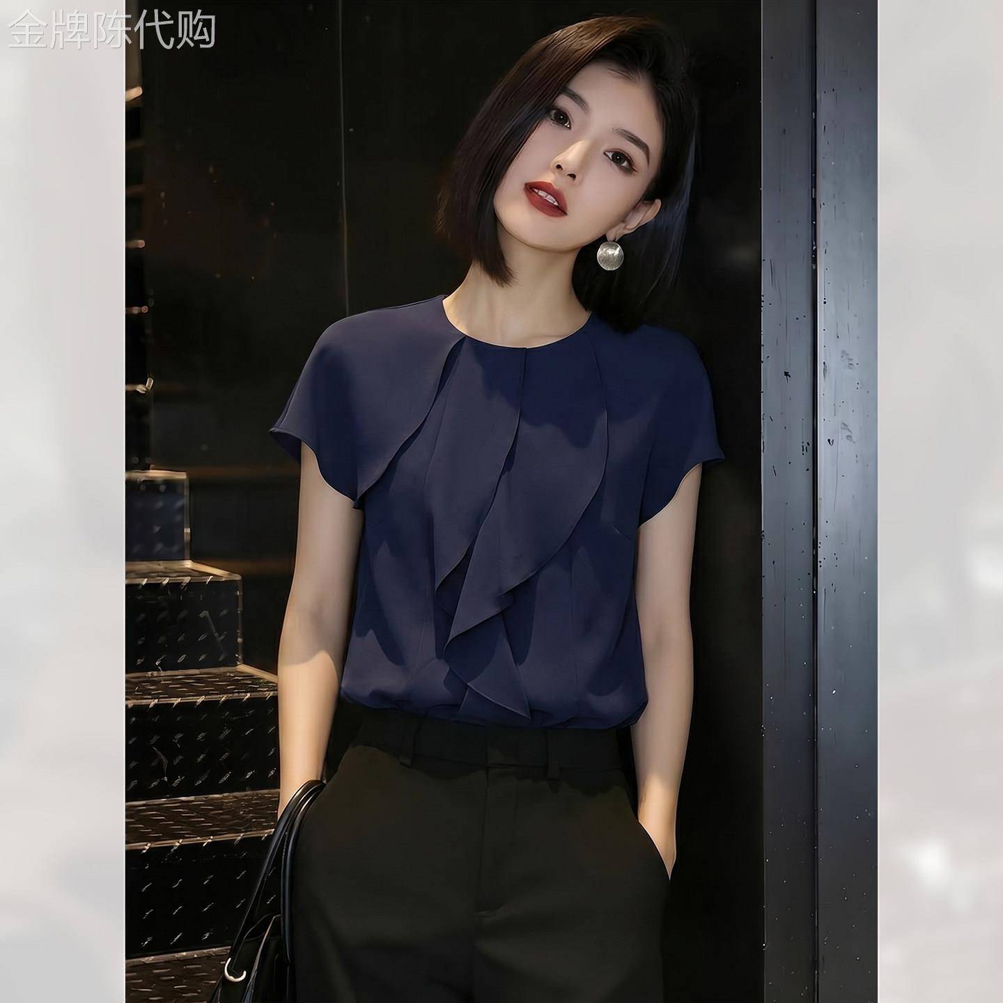 别致小个子荷叶边深蓝色衬衫女装夏季2026年新款时尚短袖小衫上衣
