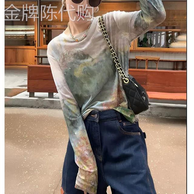 韩版晕染印花网纱薄款防晒长袖T恤女2026夏季新款欧货宽松小衫潮