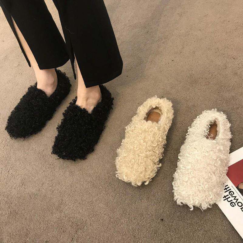 香港加绒保暖毛毛鞋女2024秋冬网红平底羊卷毛外穿豆豆单鞋棉瓢鞋
