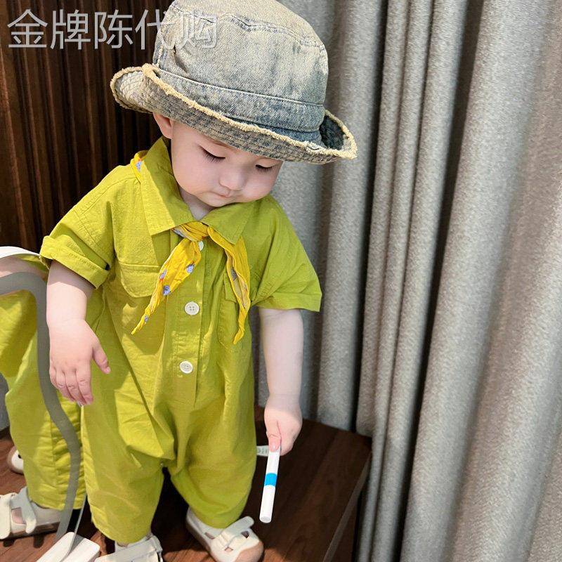 法国BADNUT男宝宝夏装衣服婴儿夏牛油果绿工装风外出服显白连体衣