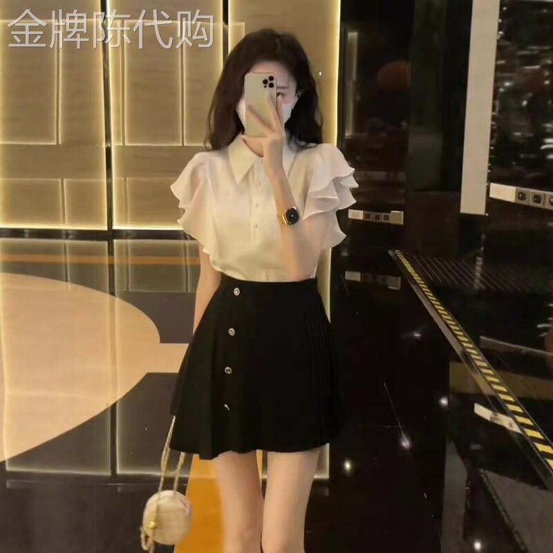 套装裙女夏季2026新款高级感气质名媛显瘦Polo领雪纺衫短裙两件套