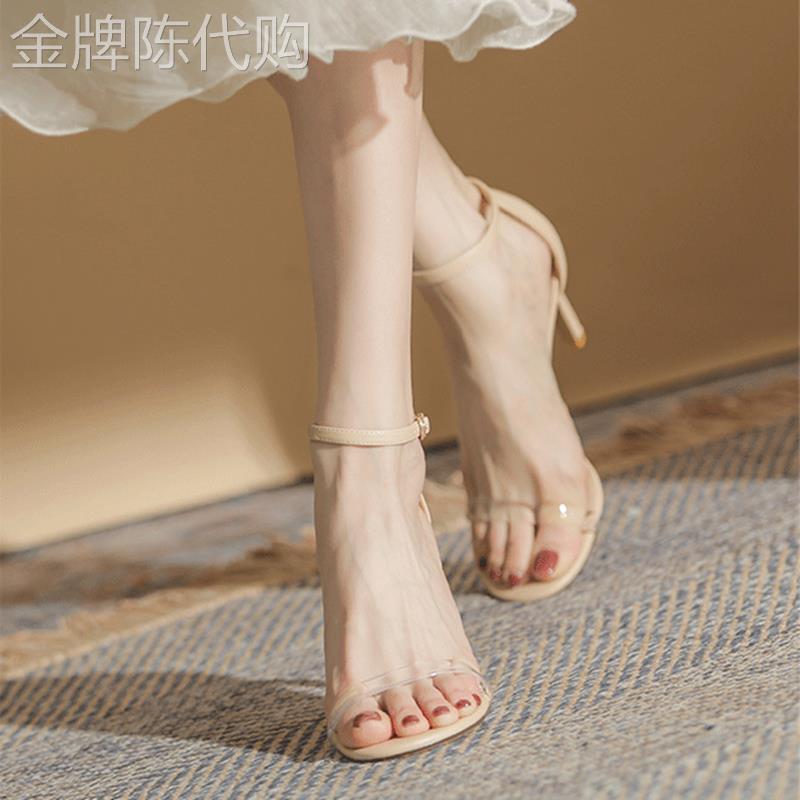 香港一字带凉鞋女2025夏季新款细跟透明仙女风性感露趾时装高跟鞋