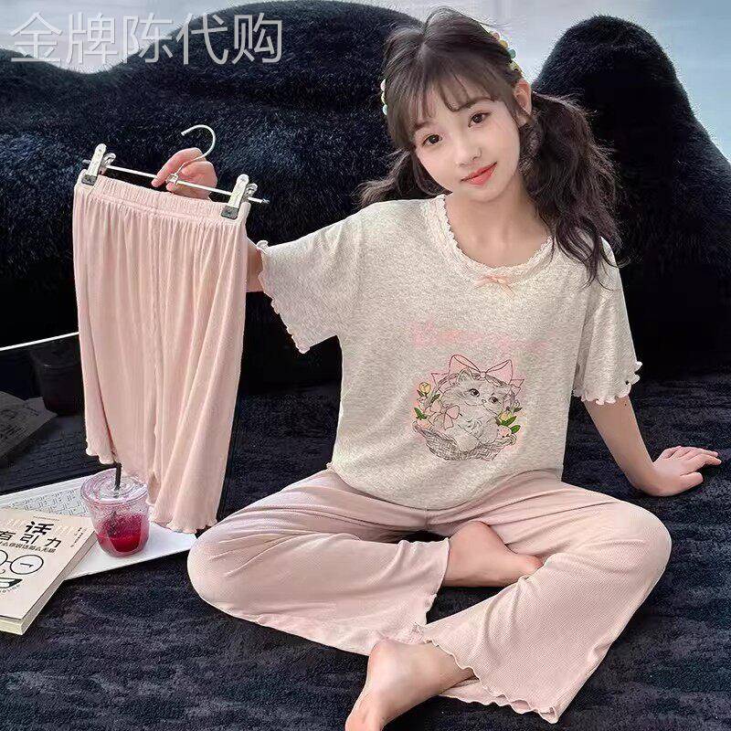 韩国BEIBEIXIA女童睡衣夏季2026新款空调服套装女孩洋气家居服潮