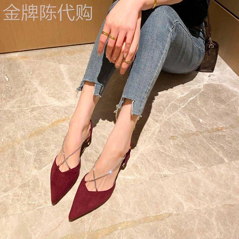 香港包头水钻链条凉鞋女2026新款春夏粗跟单鞋仙女风中跟法式小跟