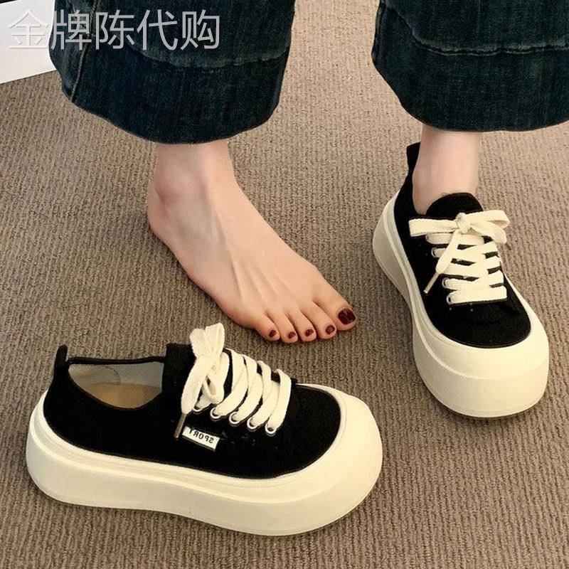 潮牌厚底黑色帆布鞋女2026夏季新款透气百搭松糕增高运动休闲板鞋