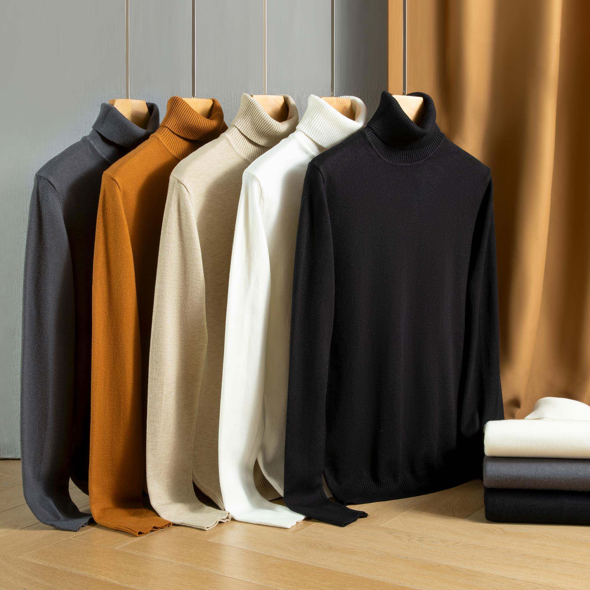 秋冬季高领毛衣男宽松百搭加绒加厚毛衫男士白色打底衫翻领针织衫