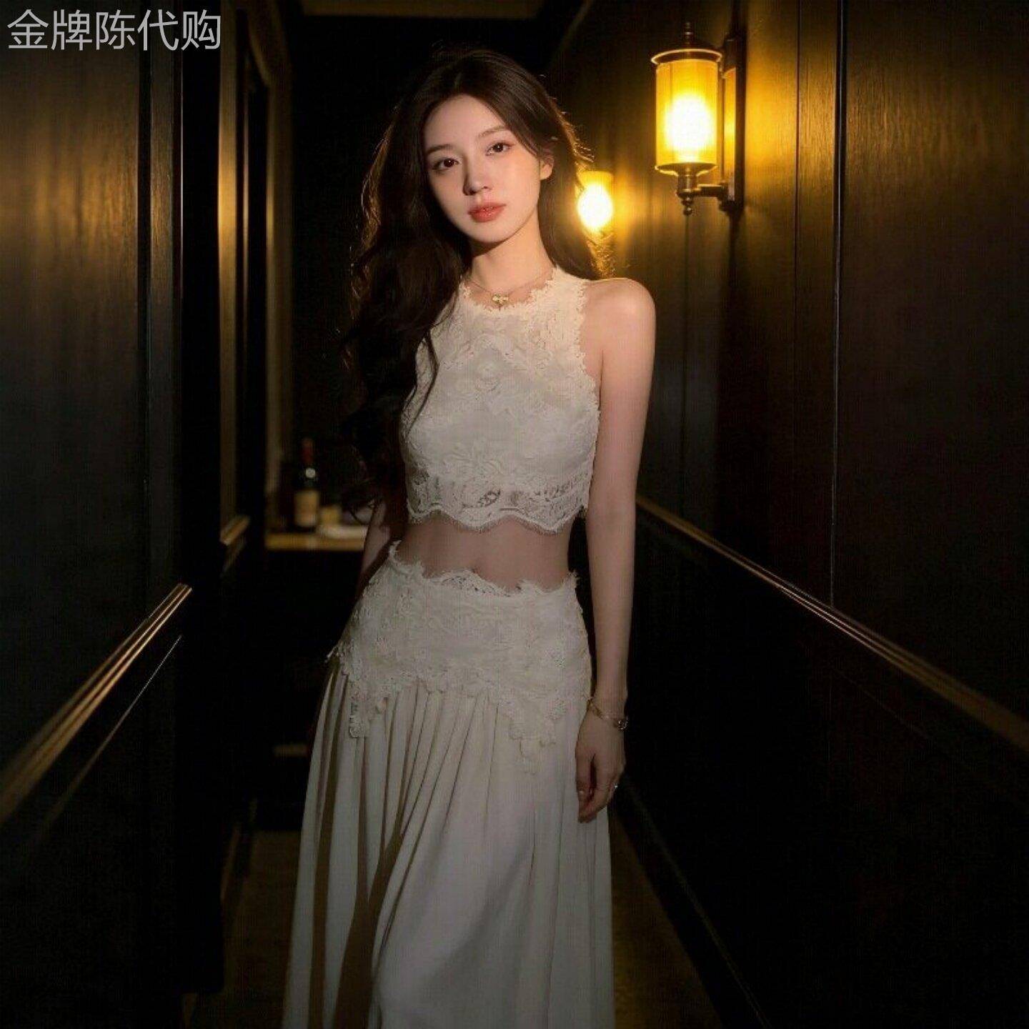 小香风套装女夏新款法式海边度假风短款无袖蕾丝上衣半身裙两件套