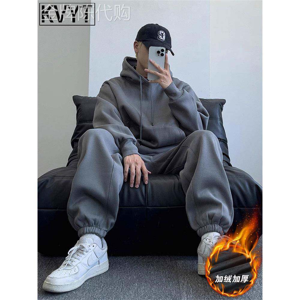 潮牌男士休闲运动套装加绒冬季款高级感卫衣卫裤男装一套搭配帅气