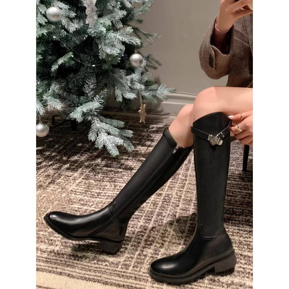 香港长靴女2025年春秋季新款加绒骑士靴真皮不过膝小个子长筒靴子