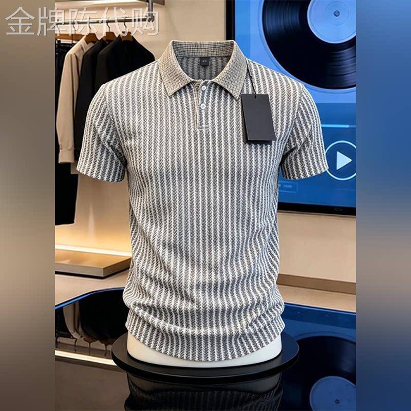 高端老钱风千鸟格polo衫短袖男款2026夏季翻领t恤条纹重磅半截袖