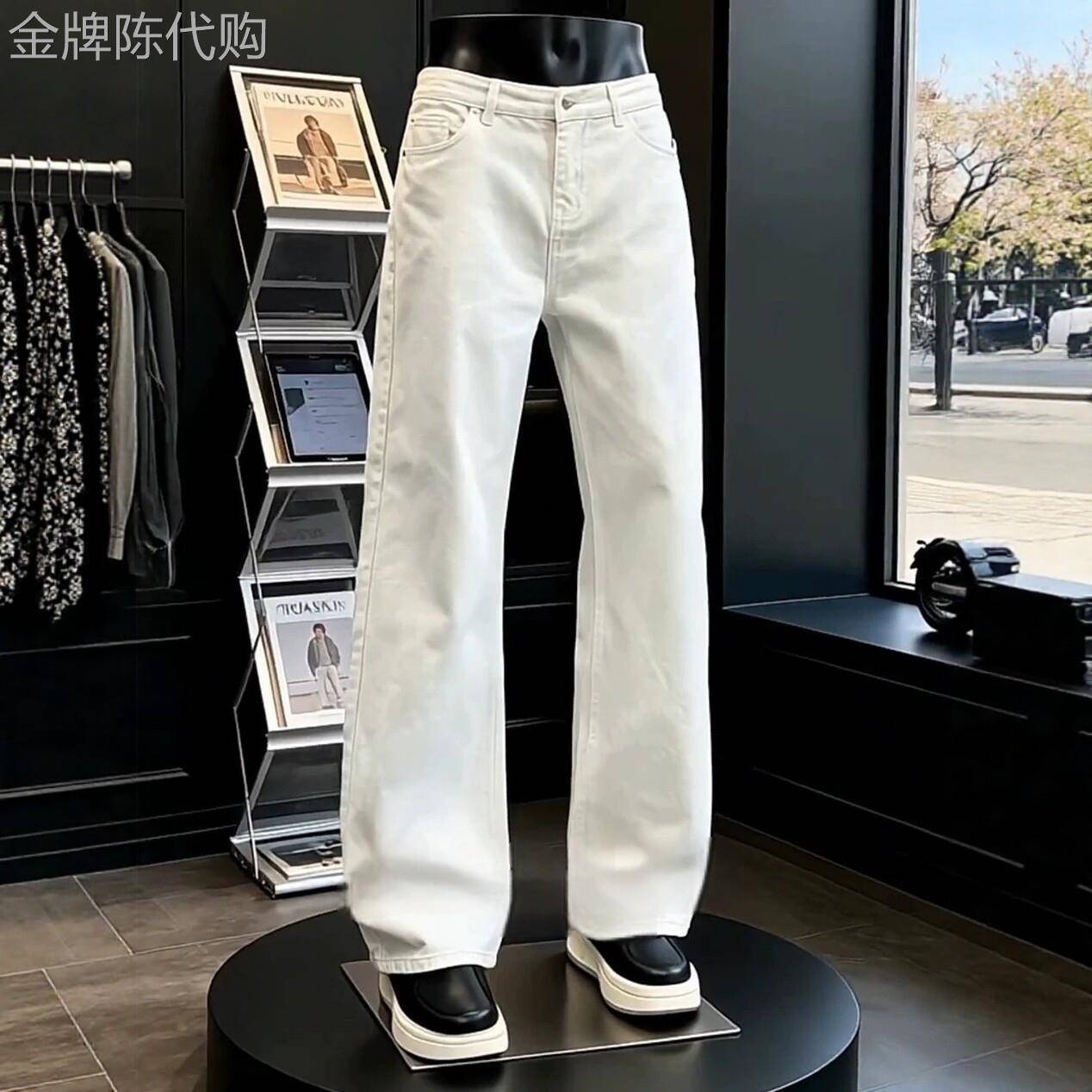 潮牌白色直筒牛仔裤男夏季薄款美式立体装饰中腰提档显瘦微喇裤