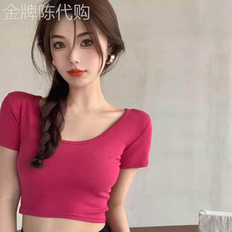 玫红色短袖t恤女夏季方领紧身短款高腰小众露脐别致上衣小个子棉