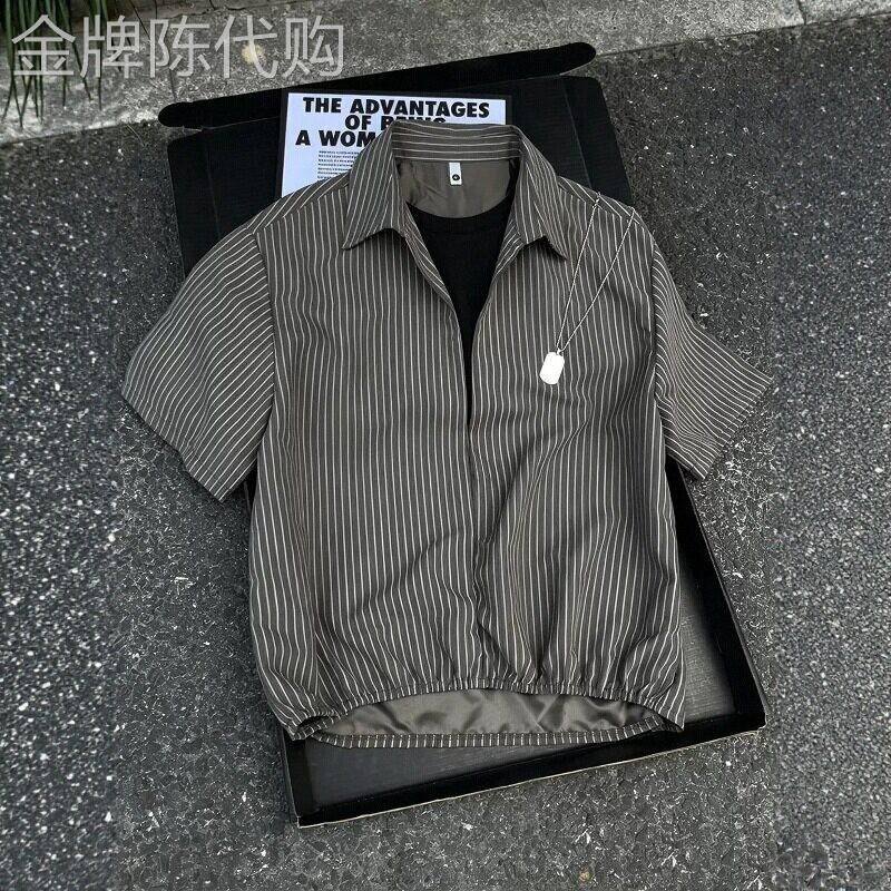 潮牌假两件条纹V领短袖衬衫男士夏季凉感美式透气防晒翻领休闲T恤