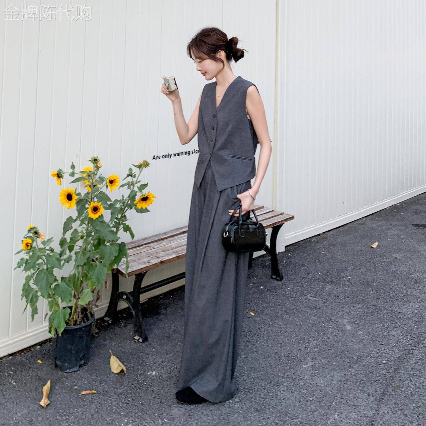 灰色老钱风西装背心阔腿裤两件套女2026夏气质时髦高智感显瘦套装