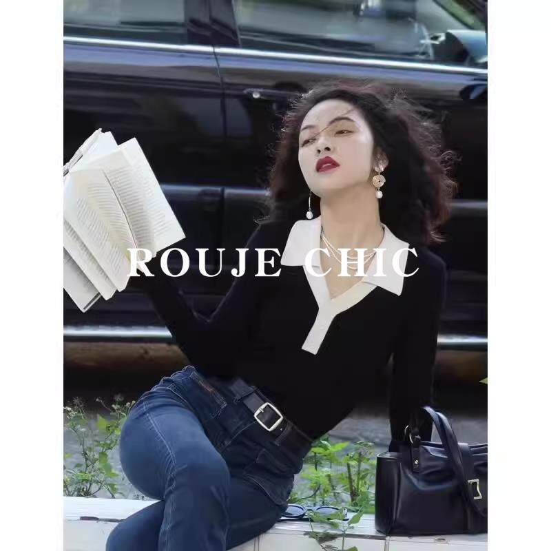 rouje chic法式黑色Polo领针织打底衫女秋季修身短款毛衣内搭上衣