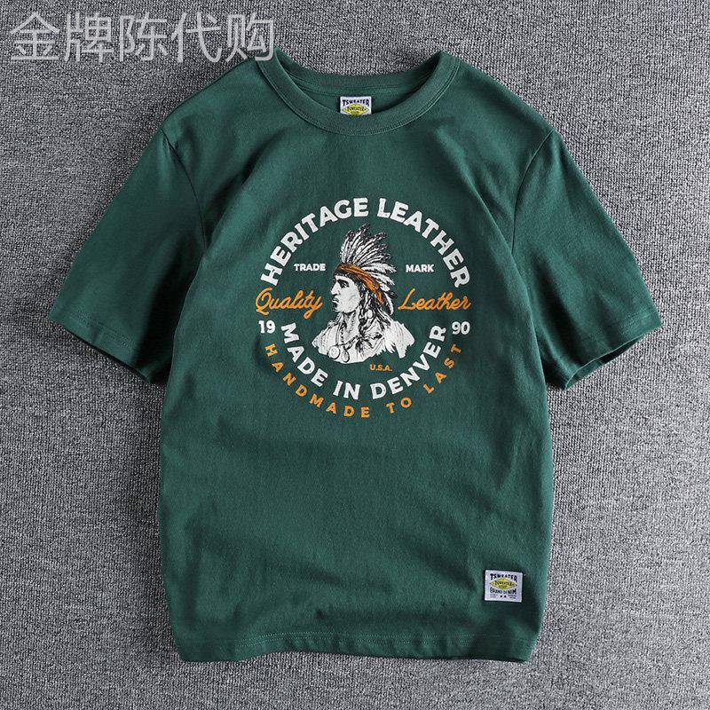 代购香港潮牌欧美复古印第安印花圆领短袖T恤男宽松青年休闲上衣