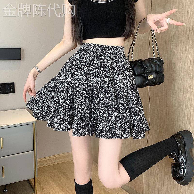 雪纺碎花半身裙女夏季2026新款防走光松紧高腰a字蓬蓬百褶短裙裤