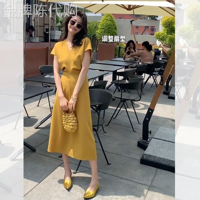 黄色法式显瘦气质洋装女装高级感高端名媛收腰修身长版V领裙子