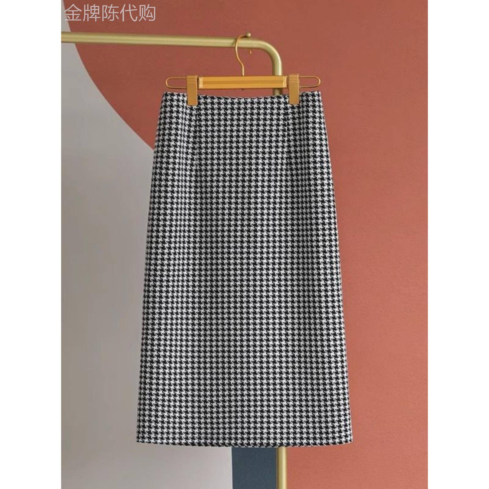 韩国千鸟格半身裙女春秋2025新款高腰开叉显瘦直筒裙中长款一步裙