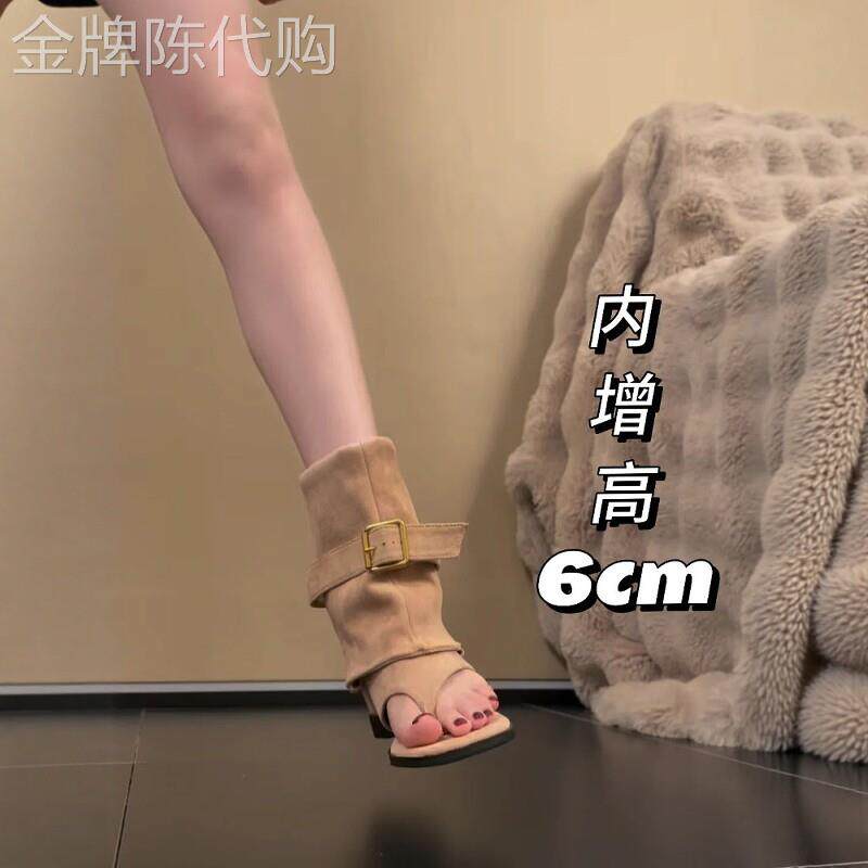 美拉德西部牛仔露趾堆堆靴内增高夹趾凉靴新款夏季小个子高跟鞋女