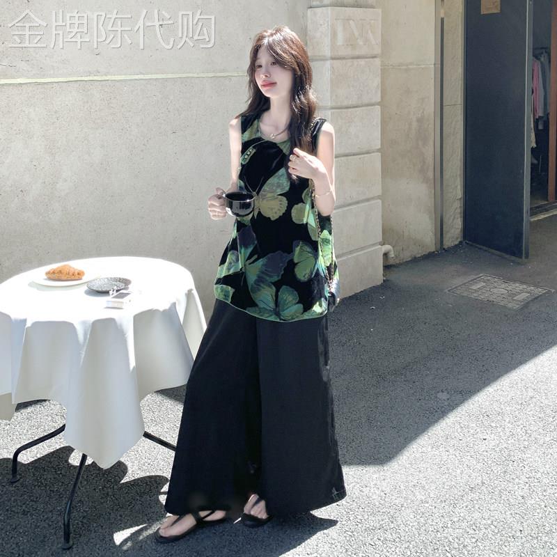 新中式国风套装女2026夏季新款复古植绒印花斜襟背心阔腿裤两件套