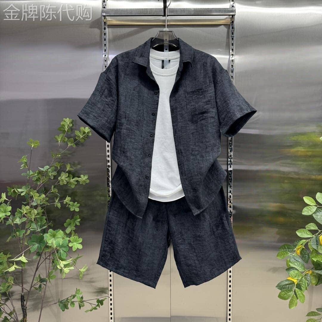 GP极简~棉麻休闲套装男夏季时尚扎染半袖衬衫短裤运动亚麻两件套