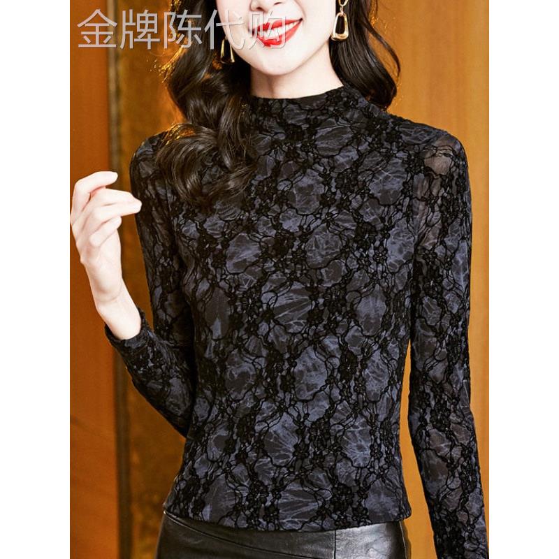 高端洋气T恤女2025秋季新款休闲百搭纯色烫钻减龄长袖网纱打底衫