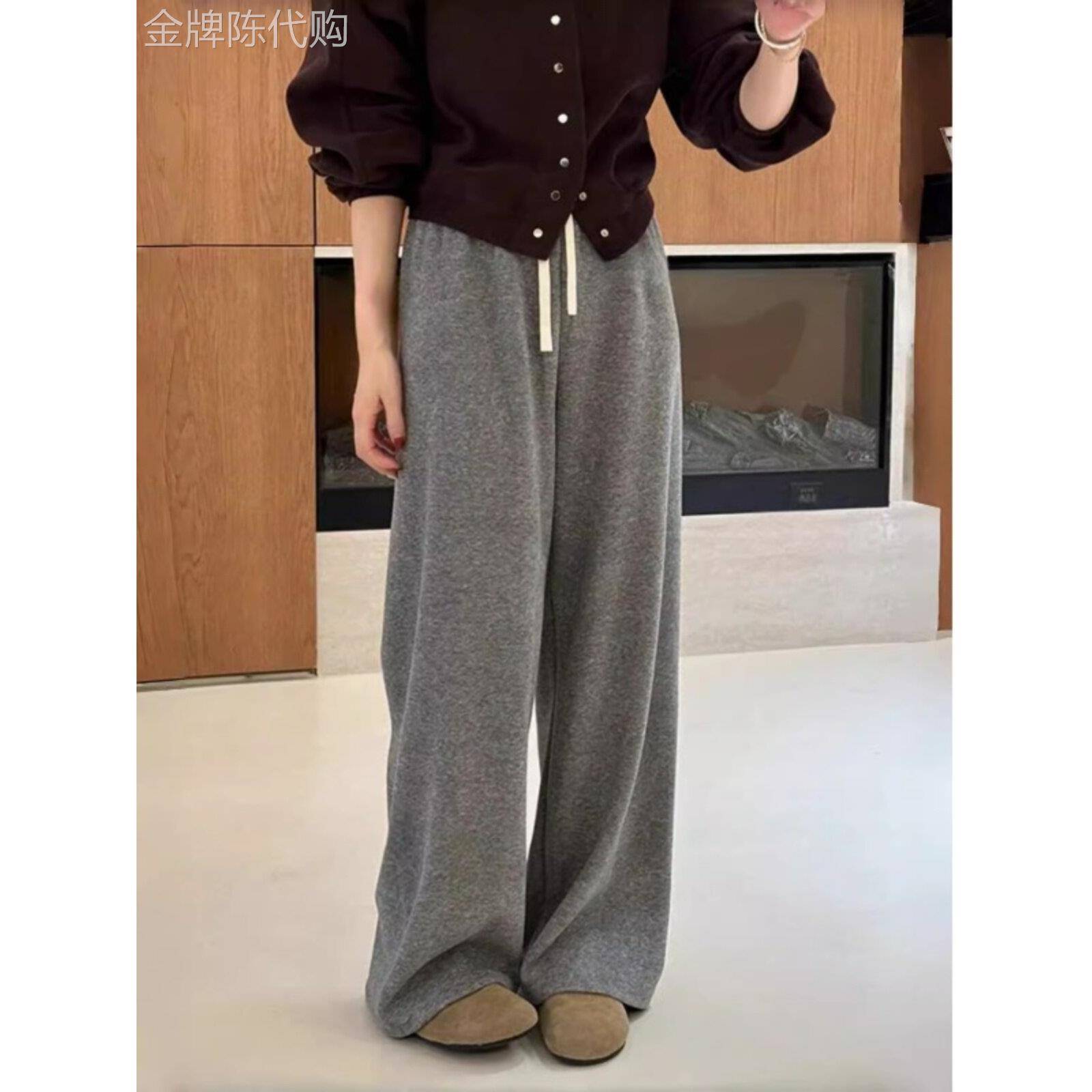 灰色窄阔腿裤为妇女春秋季新宽松修身Look直腿运动裤高腰褶皱运动