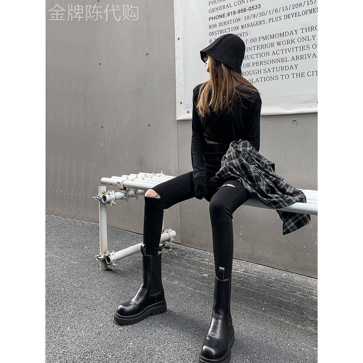 黑色破洞牛仔裤女2025春季新款高腰显瘦紧身修身百搭小脚铅笔裤子