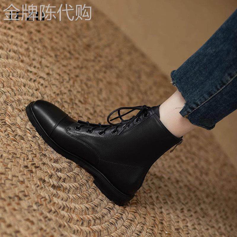 真皮平底马丁靴女春秋季2026新款爆款方头系带加绒靴子英伦风短靴