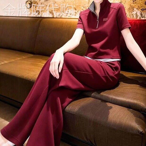休闲运动套装2026夏季新款酒红色半拉炼短袖T恤阔腿裤两件式套装
