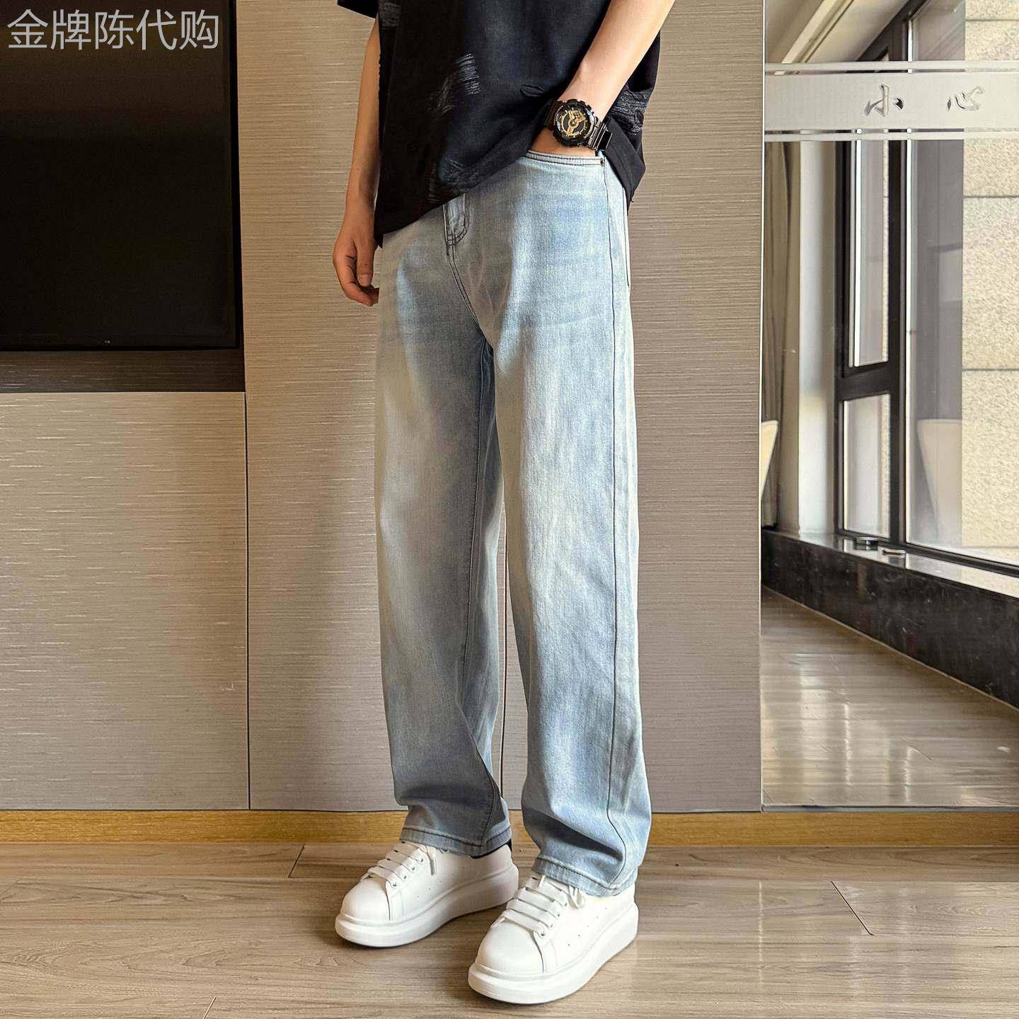 浅蓝色牛仔裤男士夏季薄款天丝垂感直筒长裤子潮牌宽松高端休闲裤