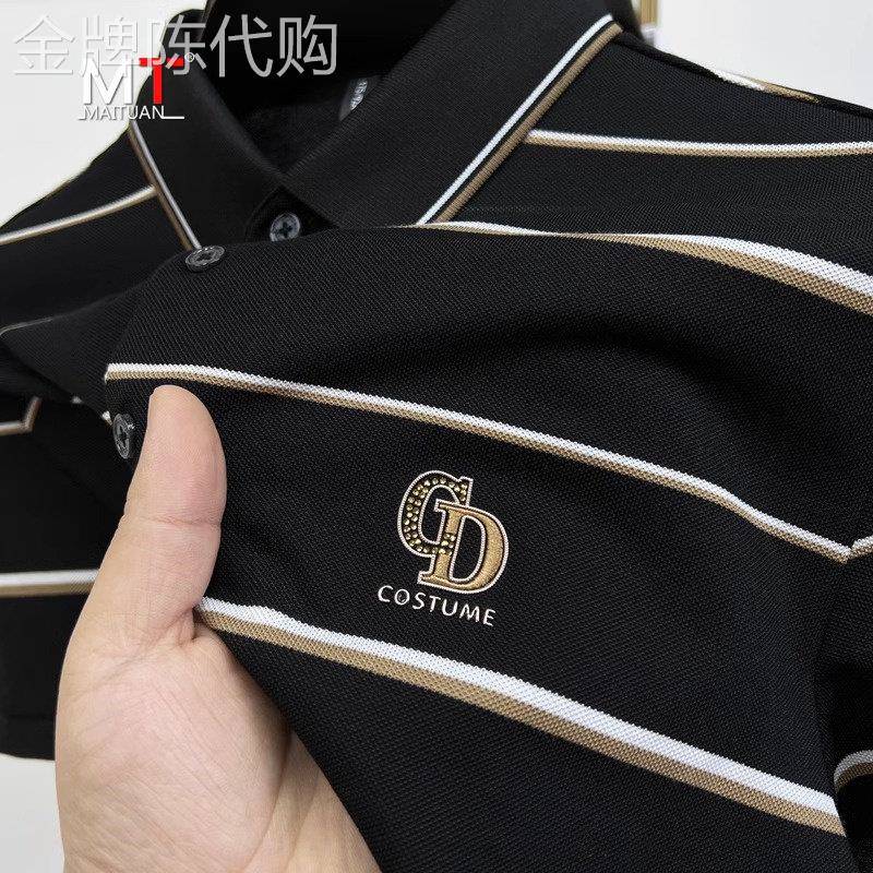 高端烫钻条纹polo衫男士短袖T恤夏季2026新款时尚轻商务刺绣男款