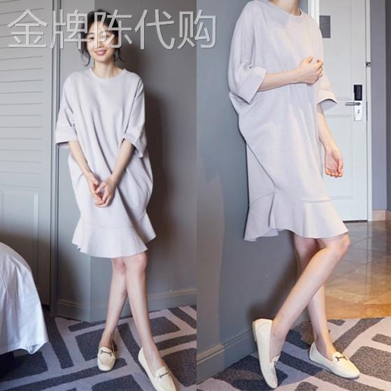 香港it代购韩国春夏荷叶边鱼尾宽松中长版休闲裙雪纺棉麻洋装女