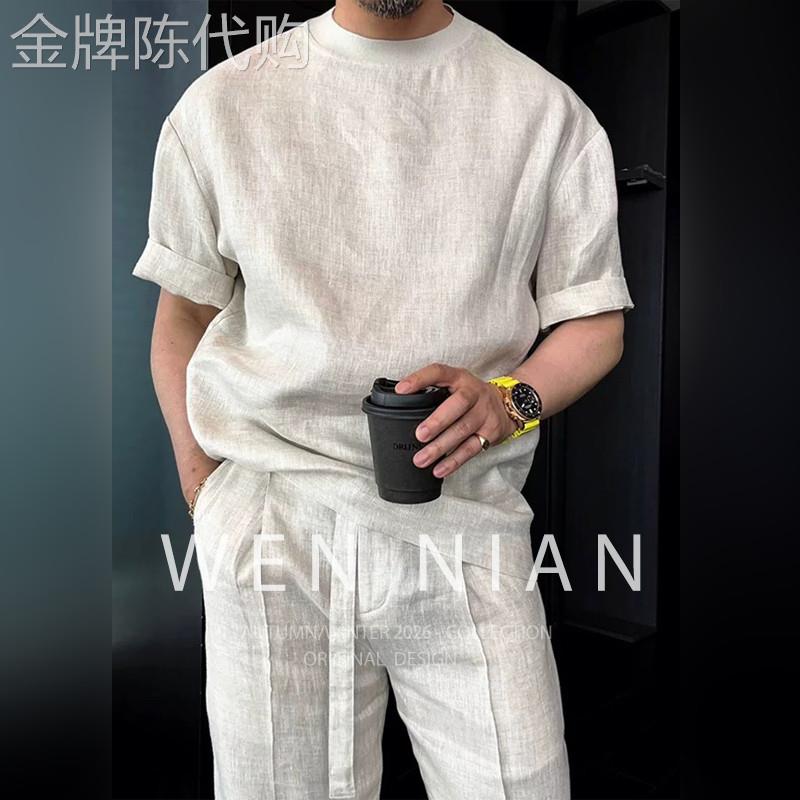韩国WEN NIAN老钱风亚麻休闲套装男2026春夏季棉麻短袖长裤一整套
