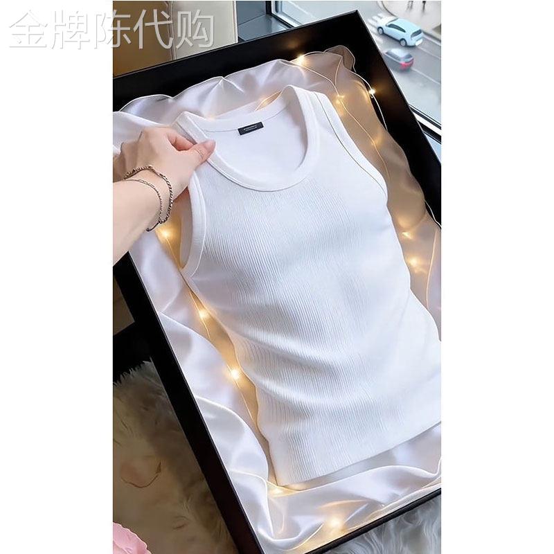 白色螺纹短袖男士2026夏季薄款潮牌修身无袖T恤百搭休闲运动汗衫