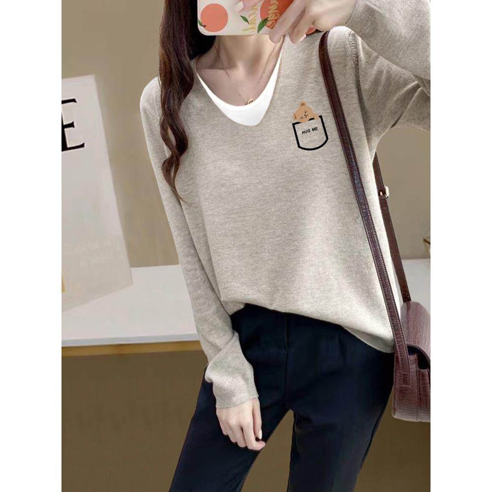 欧洲站纯棉假两件长袖T恤女2025新款春秋时尚宽松高级感V领打底衫