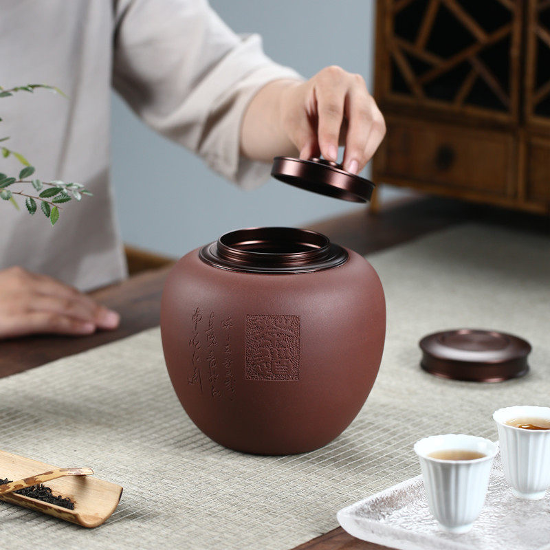 宜兴紫砂散茶罐一斤装锡盖小号陶瓷密封罐普N洱茶储存罐醒茶罐家