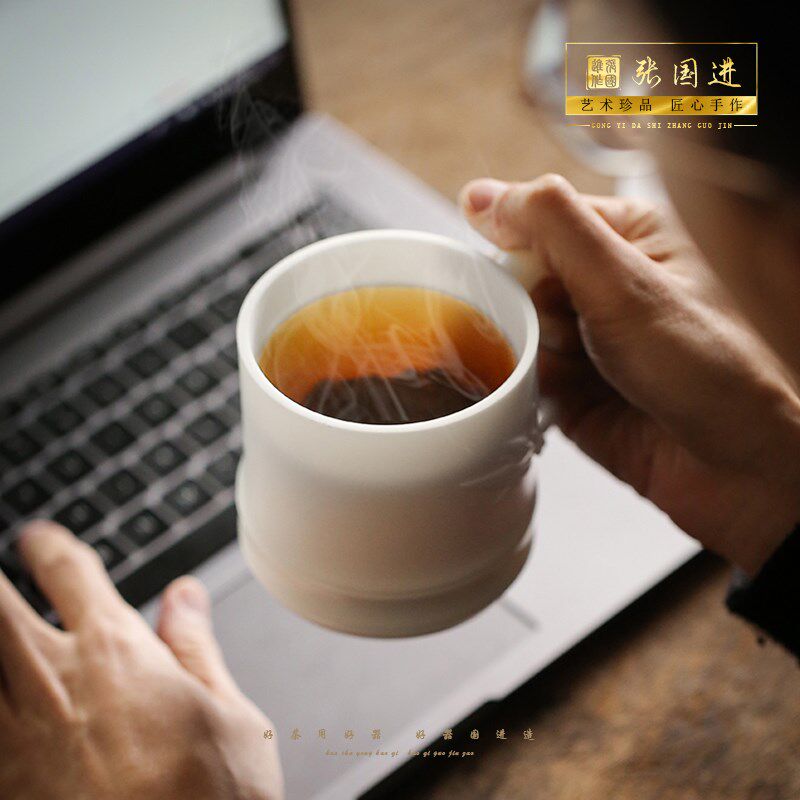 张国进陶瓷竹节茶杯办公家用茶具杯子带J盖茶水分离高颜值泡茶杯