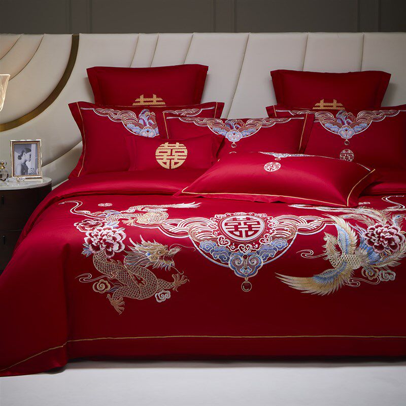 龙凤婚庆四件套100S长绒棉红色刺绣F被套纯棉全棉结婚陪嫁床上用