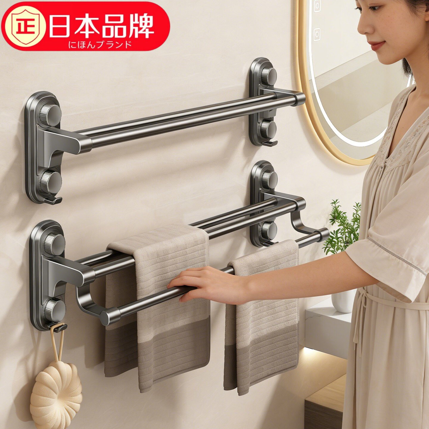 日本进口吸盘架化妆室免打孔浴巾