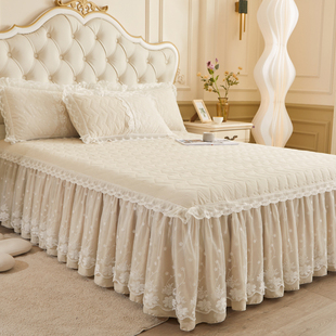 纯色夹棉床裙单件高端蕾丝花边床围裙保护套四季 精品韩式 通用床罩