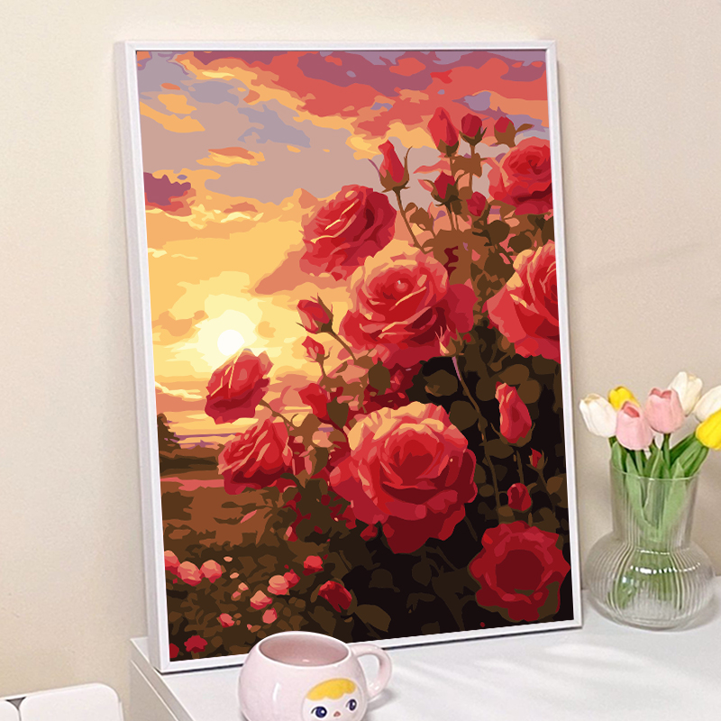 精品治癒玫瑰diy数字油画风景填充油彩画画填色手绘手工礼物消磨