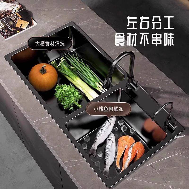 房无品牌/黑水色纳米双槽加厚304不锈钢槽洗洗菜洗碗池单厨槽家用