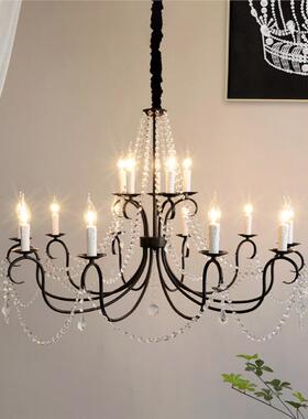 黑色f感法式水晶空吊灯lot复式挑DDT厅复古别墅主卧室餐客厅中古