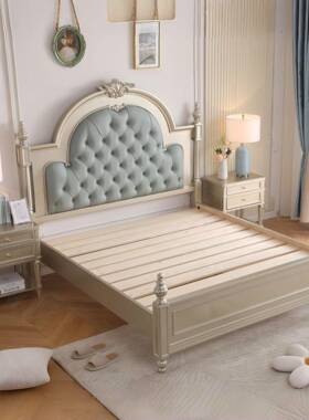 美式轻实木床主卧1米8大床法式软包人卧室床简双约公BQA床奢主床