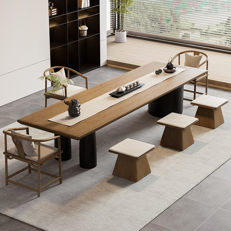 宋代美学实木茶桌椅组合一桌五椅新中式大板桌办公室客厅家用茶台